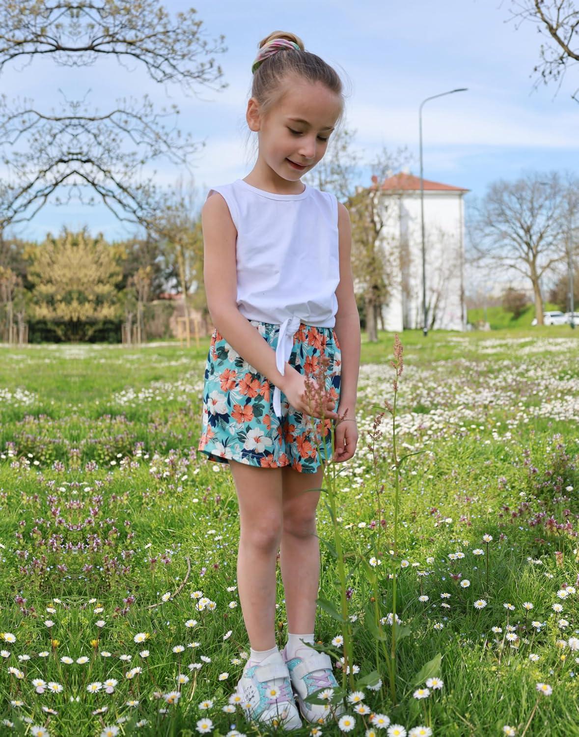image:imageArshiner Girls 2 Piece Outfits Tie Knot Tank Top and Paperbag Waist Pocketed Summer Short SetsWhite Orange Flower