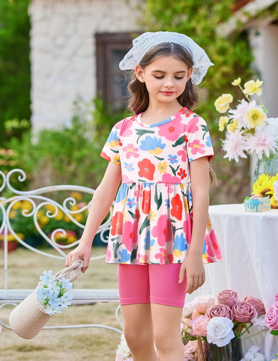 image:imageArshiner Girls Summer Outfits Short Sleeve Ruffle Hem Top and Biker Shorts Set Girl Clothes 415 YearsPink Floral