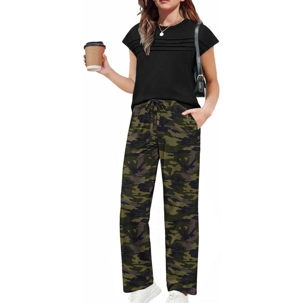 image:imageArshiner Girls 2 Piece Outfits Summer Clothes Short Sleeve Crewneck Tops Wide Leg Pants Trendy Clothing SetsBlackcamouflage