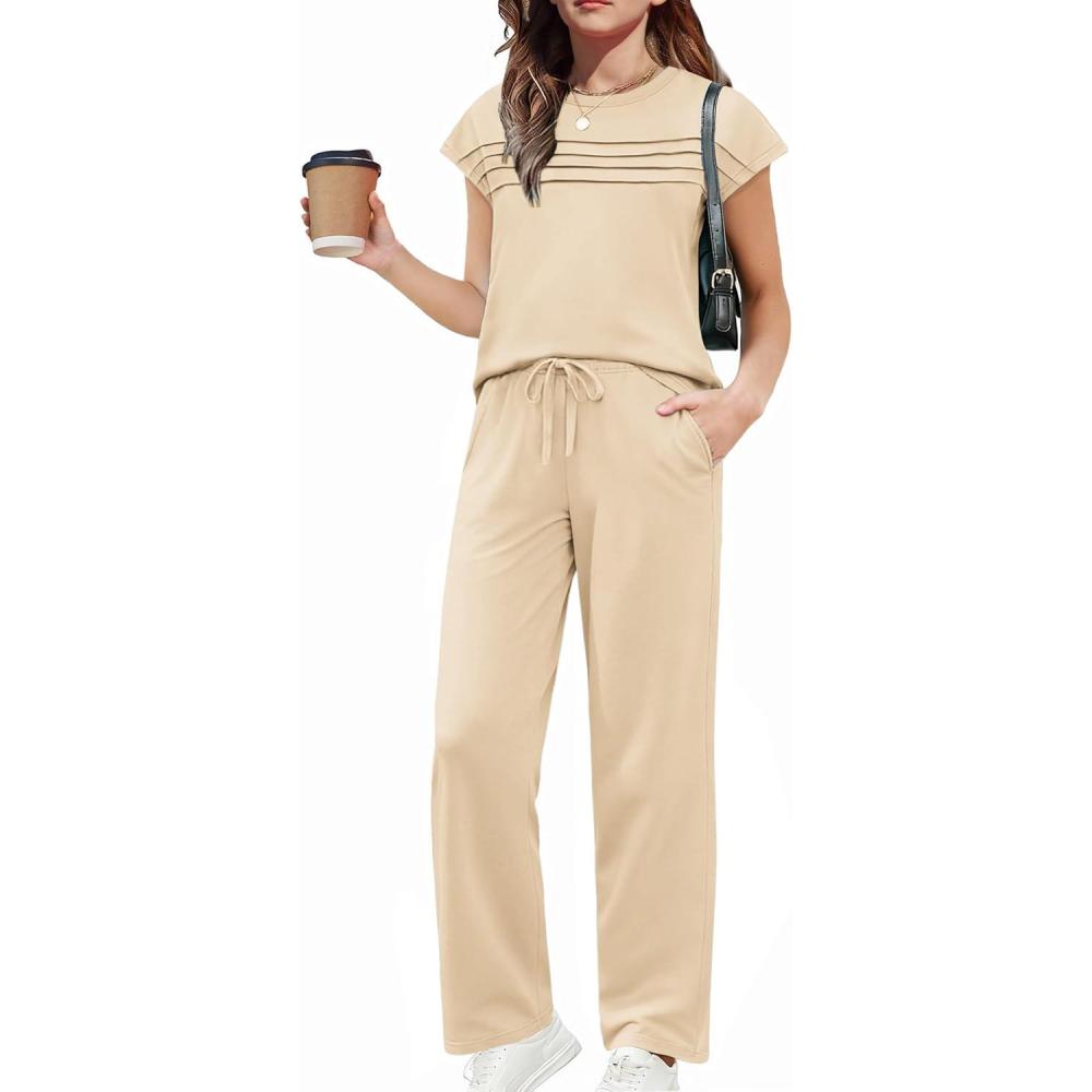 image:imageArshiner Girls 2 Piece Outfits Summer Clothes Short Sleeve Crewneck Tops Wide Leg Pants Trendy Clothing SetsKhaki