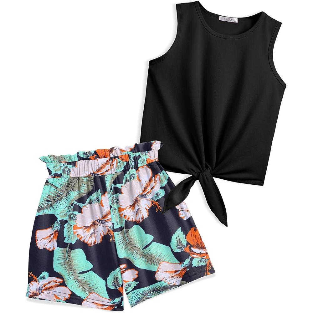 image:imageArshiner Girls 2 Piece Outfits Tie Knot Tank Top and Paperbag Waist Pocketed Summer Short SetsBlack Hawaii Flower