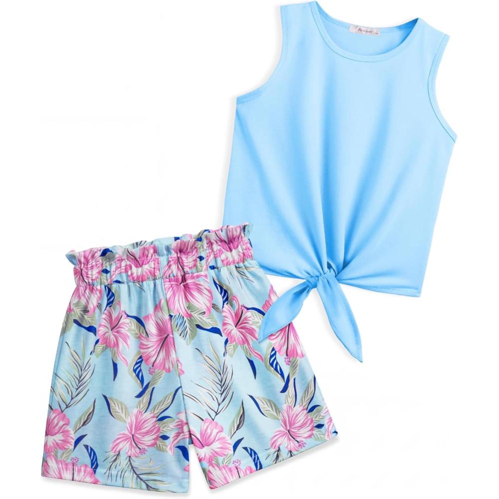 image:imageArshiner Girls 2 Piece Outfits Tie Knot Tank Top and Paperbag Waist Pocketed Summer Short SetsBlue Pink Flower