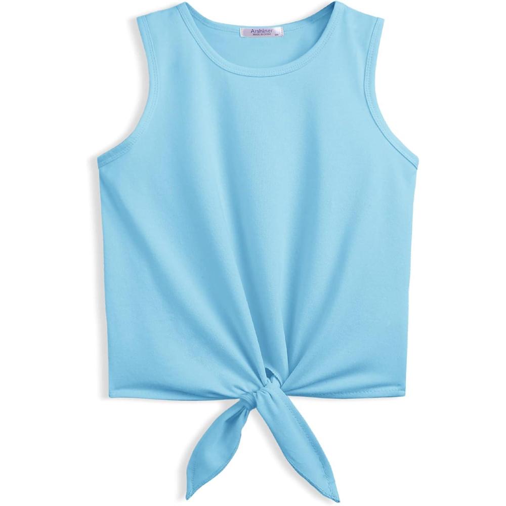 image:imageArshiner Girls 2 Piece Outfits Tie Knot Tank Top and Paperbag Waist Pocketed Summer Short SetsBlue Colorful Leaf