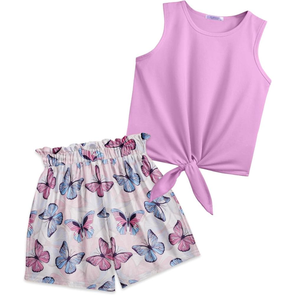 image:imageArshiner Girls 2 Piece Outfits Tie Knot Tank Top and Paperbag Waist Pocketed Summer Short SetsPurple Butterfly