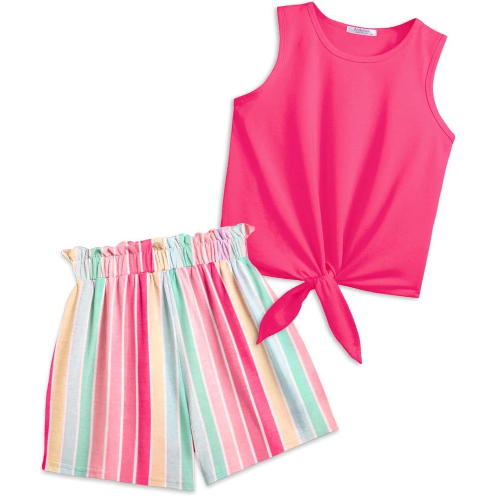 image:imageArshiner Girls 2 Piece Outfits Tie Knot Tank Top and Paperbag Waist Pocketed Summer Short SetsRainbow Colored Stripe