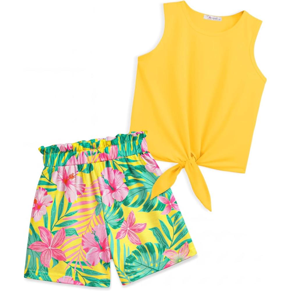image:imageArshiner Girls 2 Piece Outfits Tie Knot Tank Top and Paperbag Waist Pocketed Summer Short SetsYellow Flower