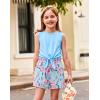 Arshiner Girl’s 2 Piece Outfits Tie Knot Tank Top and Paperbag Waist Pocketed Summer Short Sets(Blue & Pink Flower)