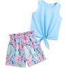 Arshiner Girl’s 2 Piece Outfits Tie Knot Tank Top and Paperbag Waist Pocketed Summer Short Sets(Blue & Pink Flower)