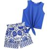 Arshiner Girl’s 2 Piece Outfits Tie Knot Tank Top and Paperbag Waist Pocketed Summer Short Sets(Blue Flower)