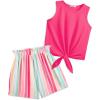 Arshiner Girl’s 2 Piece Outfits Tie Knot Tank Top and Paperbag Waist Pocketed Summer Short Sets(Rainbow Colored Stripe)