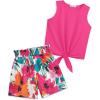 Arshiner Girl’s 2 Piece Outfits Tie Knot Tank Top and Paperbag Waist Pocketed Summer Short Sets(Rose Red Flower)