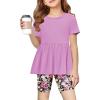 Arshiner Girls Summer Outfits Short Sleeve Ruffle Hem Top and Biker Shorts Set Girl Clothes 4-15 Years(Purple Floral)
