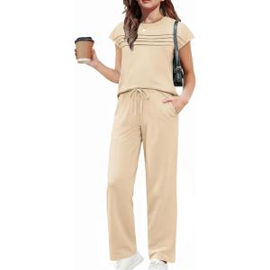 Arshiner Girls 2 Piece Outfits Summer Clothes Short Sleeve Crewneck Tops Wide Leg Pants Trendy Clothing Sets(Khaki)