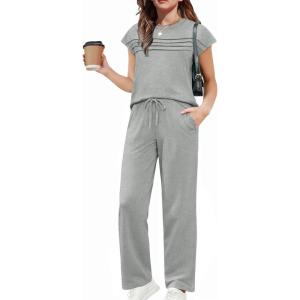 Arshiner Girls 2 Piece Outfits Summer Clothes Short Sleeve Crewneck Tops Wide Leg Pants Trendy Clothing Sets(Light Grey)