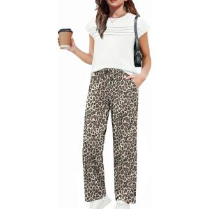 Arshiner Girls 2 Piece Outfits Summer Clothes Short Sleeve Crewneck Tops Wide Leg Pants Trendy Clothing Sets(White-leopard)