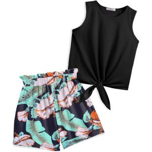 Arshiner Girl’s 2 Piece Outfits Tie Knot Tank Top and Paperbag Waist Pocketed Summer Short Sets(Black Hawaii Flower)
