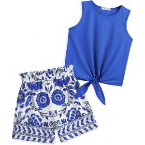 Arshiner Girl’s 2 Piece Outfits Tie Knot Tank Top and Paperbag Waist Pocketed Summer Short Sets(Blue Flower)