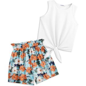 Arshiner Girl’s 2 Piece Outfits Tie Knot Tank Top and Paperbag Waist Pocketed Summer Short Sets(White Orange Flower)