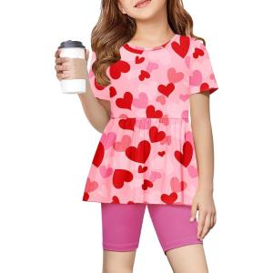 Arshiner Girls Summer Outfits Short Sleeve Ruffle Hem Top and Biker Shorts Set Girl Clothes 4-15 Years(Heart)