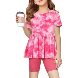 Arshiner Girls Summer Outfits Short Sleeve Ruffle Hem Top and Biker Shorts Set Girl Clothes 4-15 Years(Pink Tie Dye)