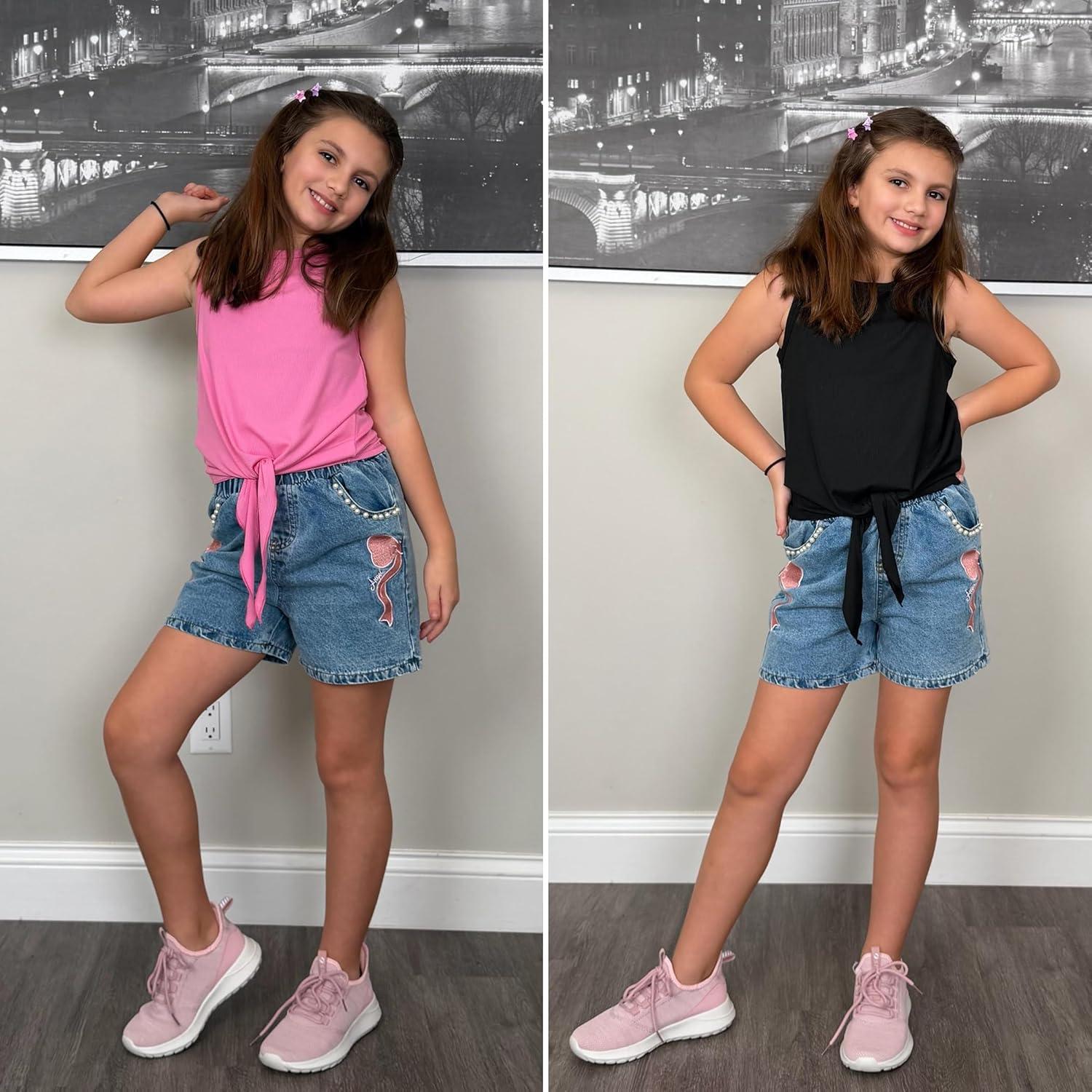 image:imageArshiner 2 Pack Girls Tank Tops Summer Tie Knot Ribbed Knit Sleeveless Crewneck Casual ShirtsBlackHot Pink