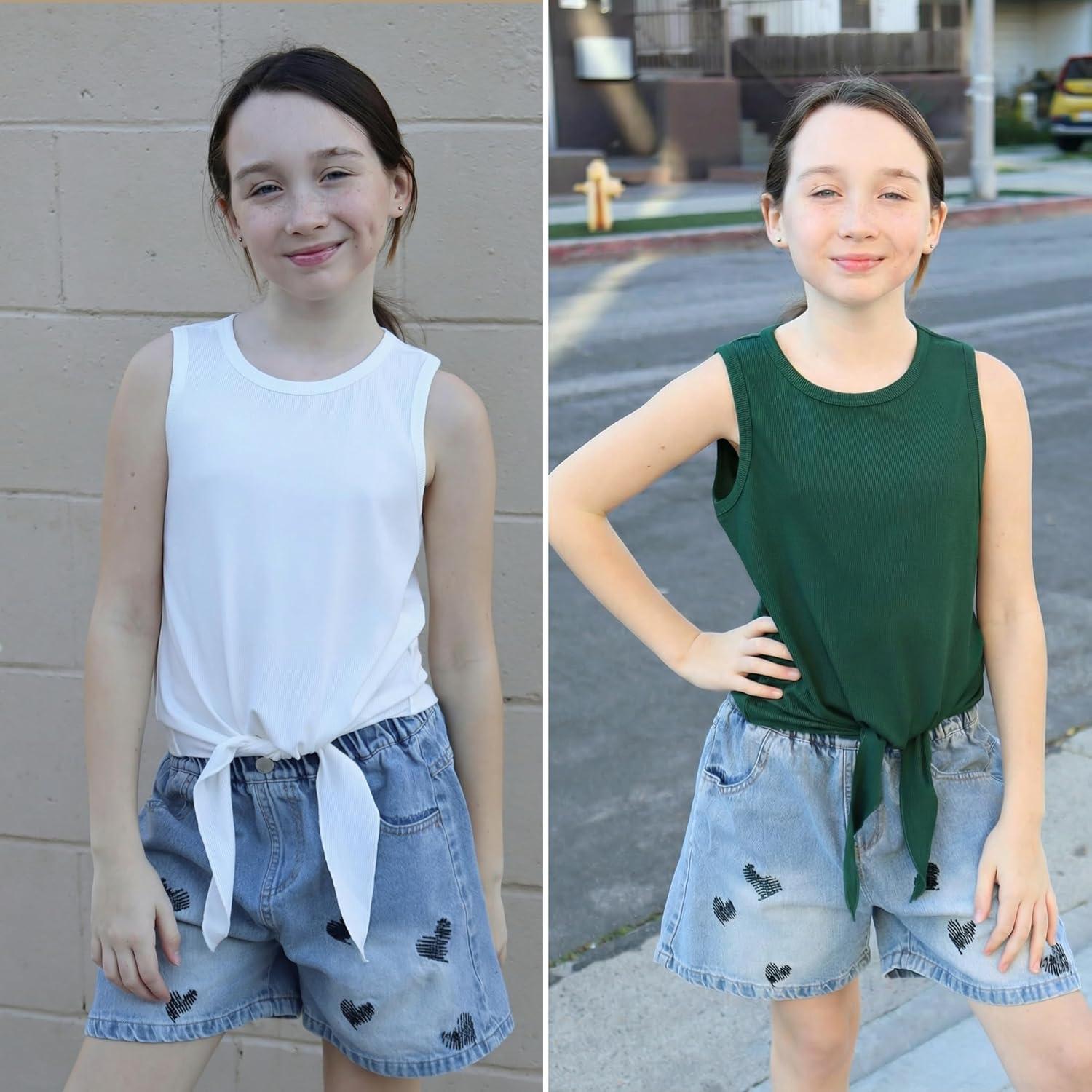 image:imageArshiner 2 Pack Girls Tank Tops Summer Tie Knot Ribbed Knit Sleeveless Crewneck Casual ShirtsWhiteGreen