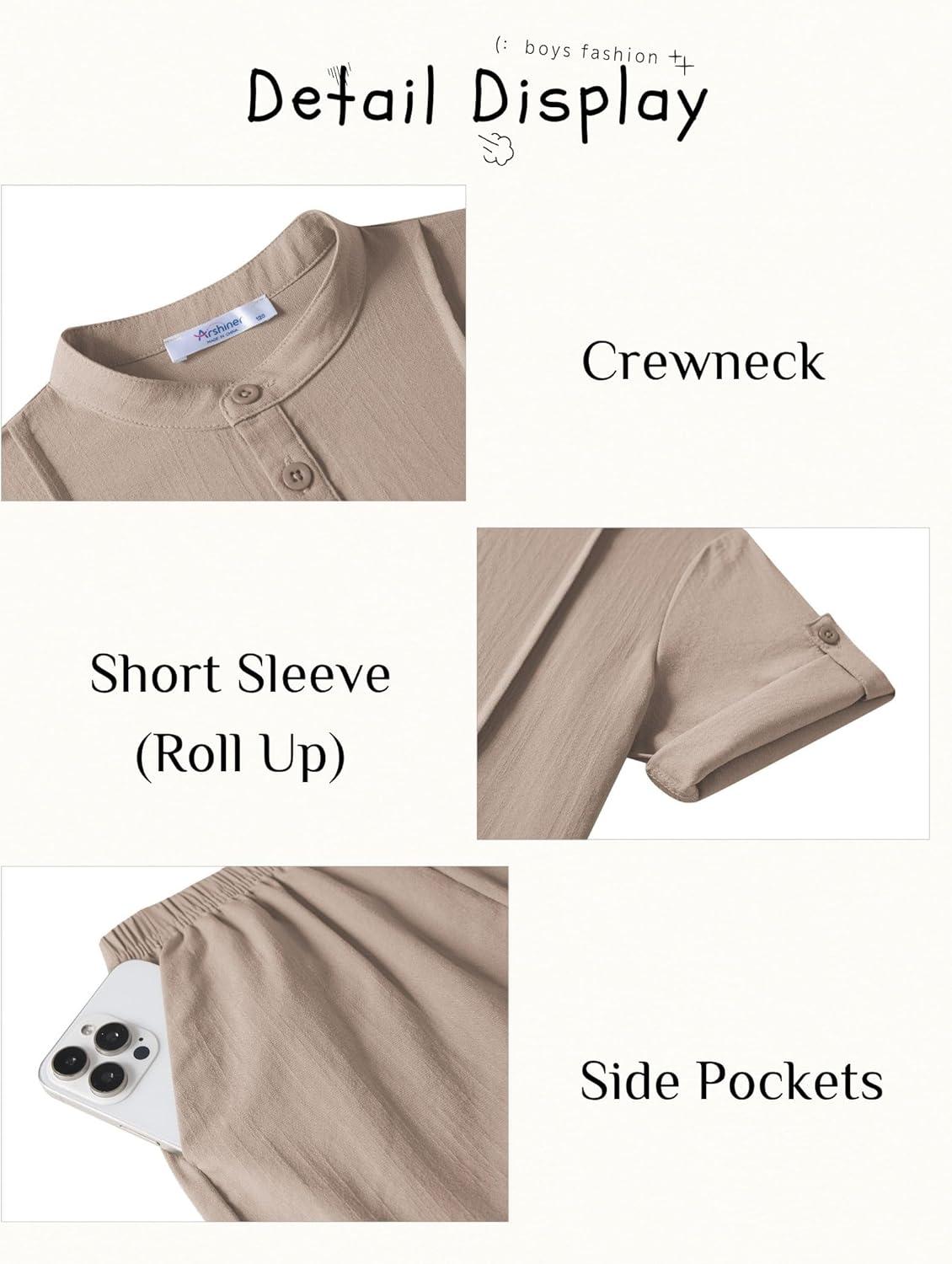 image:imageArshiner Boys 2 Pieces Linen Sets Short Sleeve Henley Shirt and Shorts Summer Beach Matching Outfits 412 YearsLight Khaki