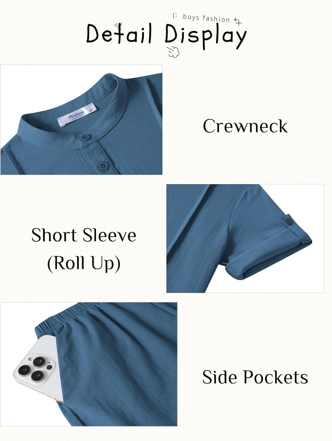 image:imageArshiner Boys 2 Pieces Linen Sets Short Sleeve Henley Shirt and Shorts Summer Beach Matching Outfits 412 YearsNavy Blue