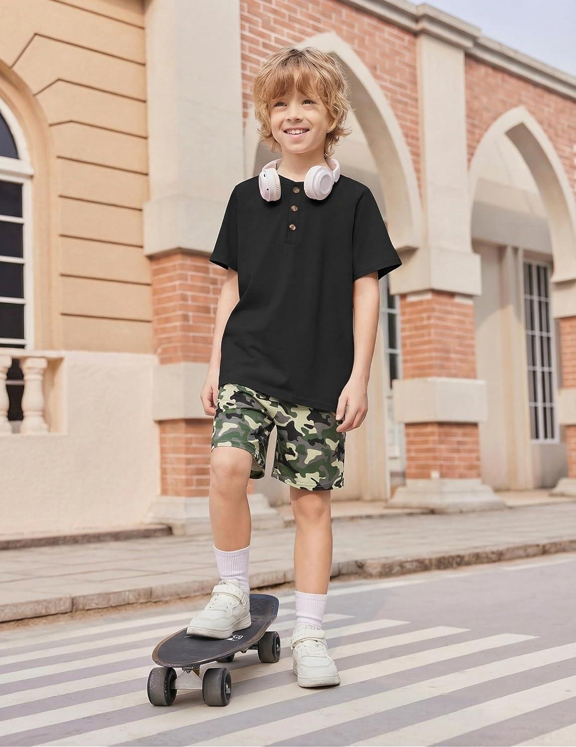image:imageArshiner Boys Summer Clothing Sets 3button Short Sleeve Tee and Shorts Casual Outfits for 512 YearsBlack Jungle Camo