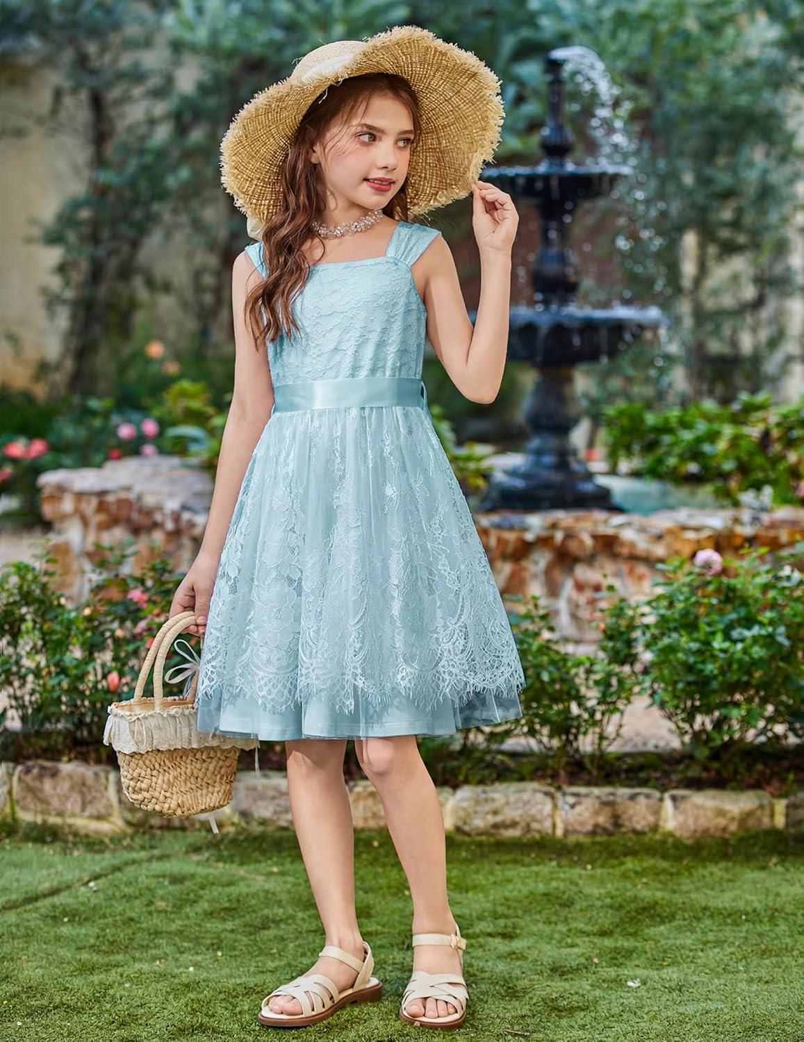 image:imageArshiner Flower Girl Dress ALine Formal Lace Party Dresses for Wedding Communion Princess Holiday Sundress with BeltLight Blue
