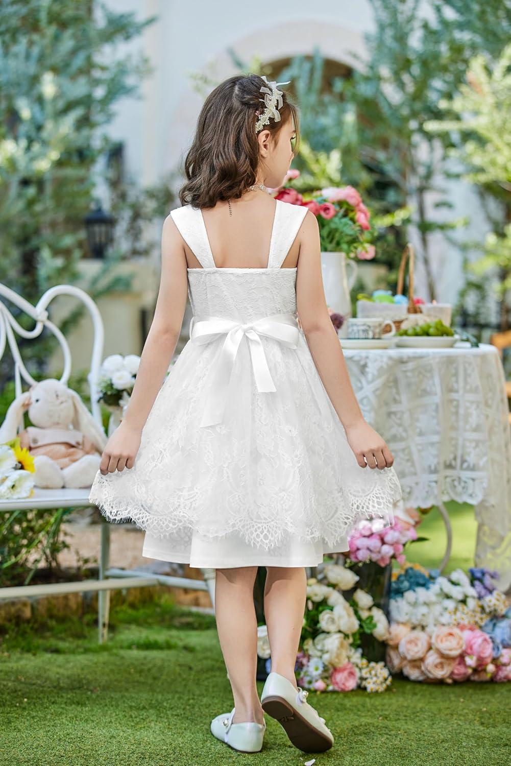 image:imageArshiner Flower Girl Dress ALine Formal Lace Party Dresses for Wedding Communion Princess Holiday Sundress with BeltWhite