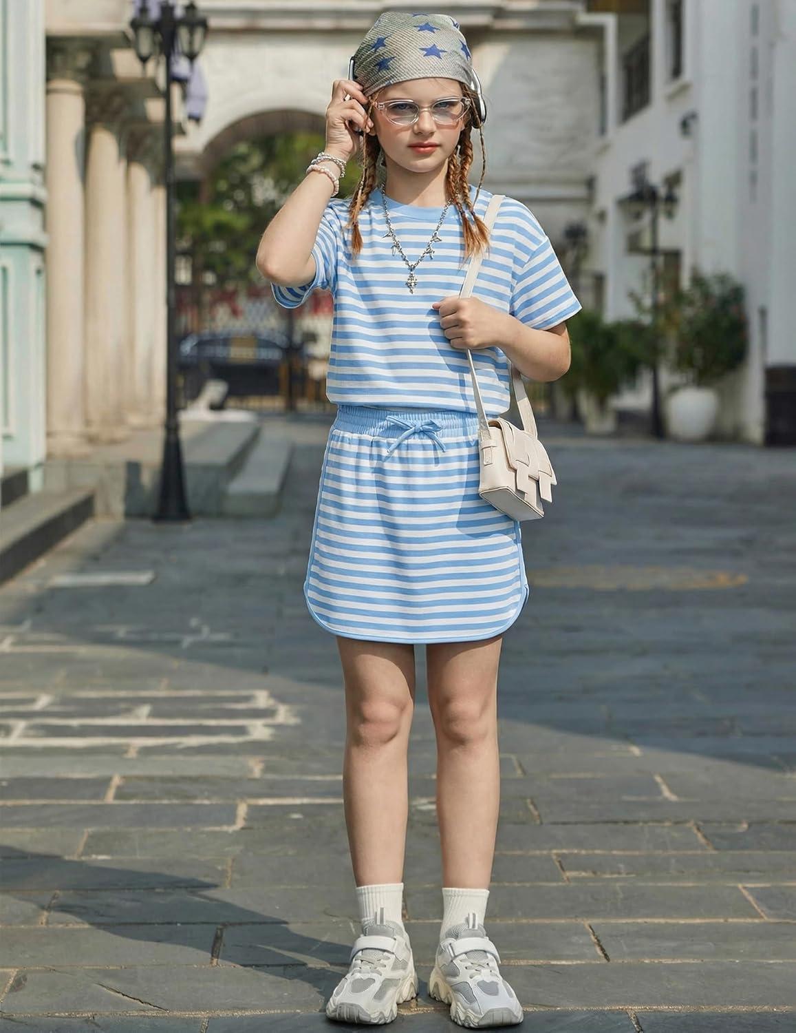 image:imageArshiner Girls 2 Piece Outfits Summer Clothes Short Sleeve Drop Shoulder Shirt and Skirt with Builtin Shorts Athletic SetsBlue Stripe