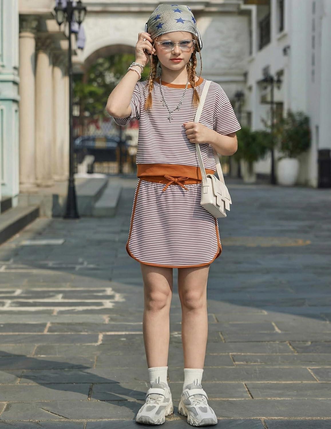image:imageArshiner Girls 2 Piece Outfits Summer Clothes Short Sleeve Drop Shoulder Shirt and Skirt with Builtin Shorts Athletic SetsBrown Stripe