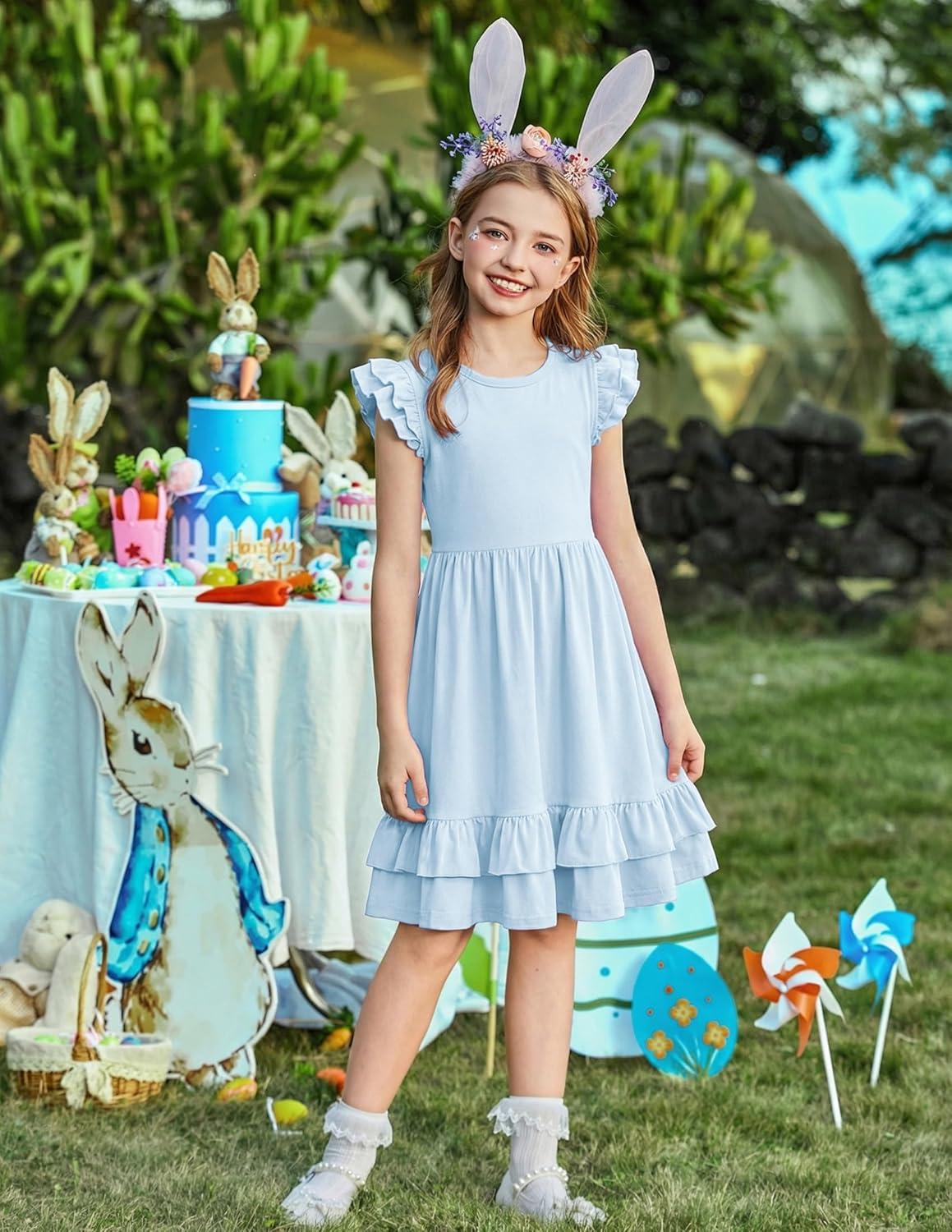 image:imageArshiner Girls Dress Tween Boho Flutter Sleeve Tiered A Line Summer Dresses with PocketsBlue