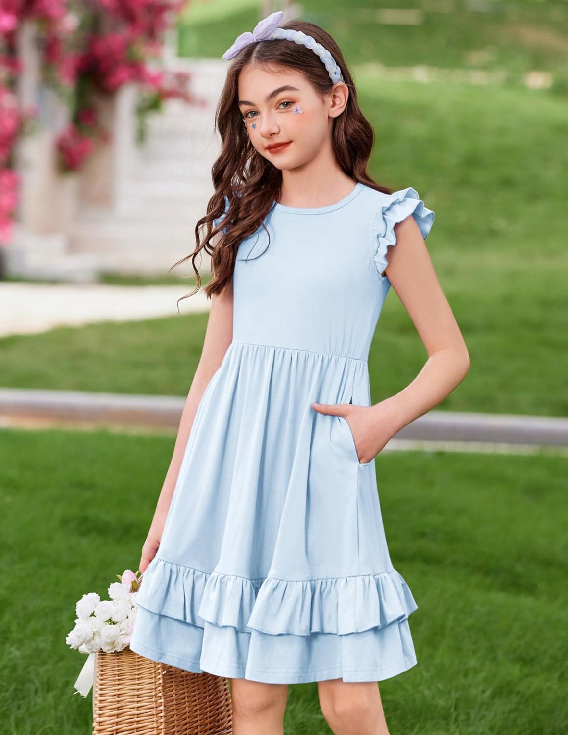 image:imageArshiner Girls Dress Tween Boho Flutter Sleeve Tiered A Line Summer Dresses with PocketsBlue
