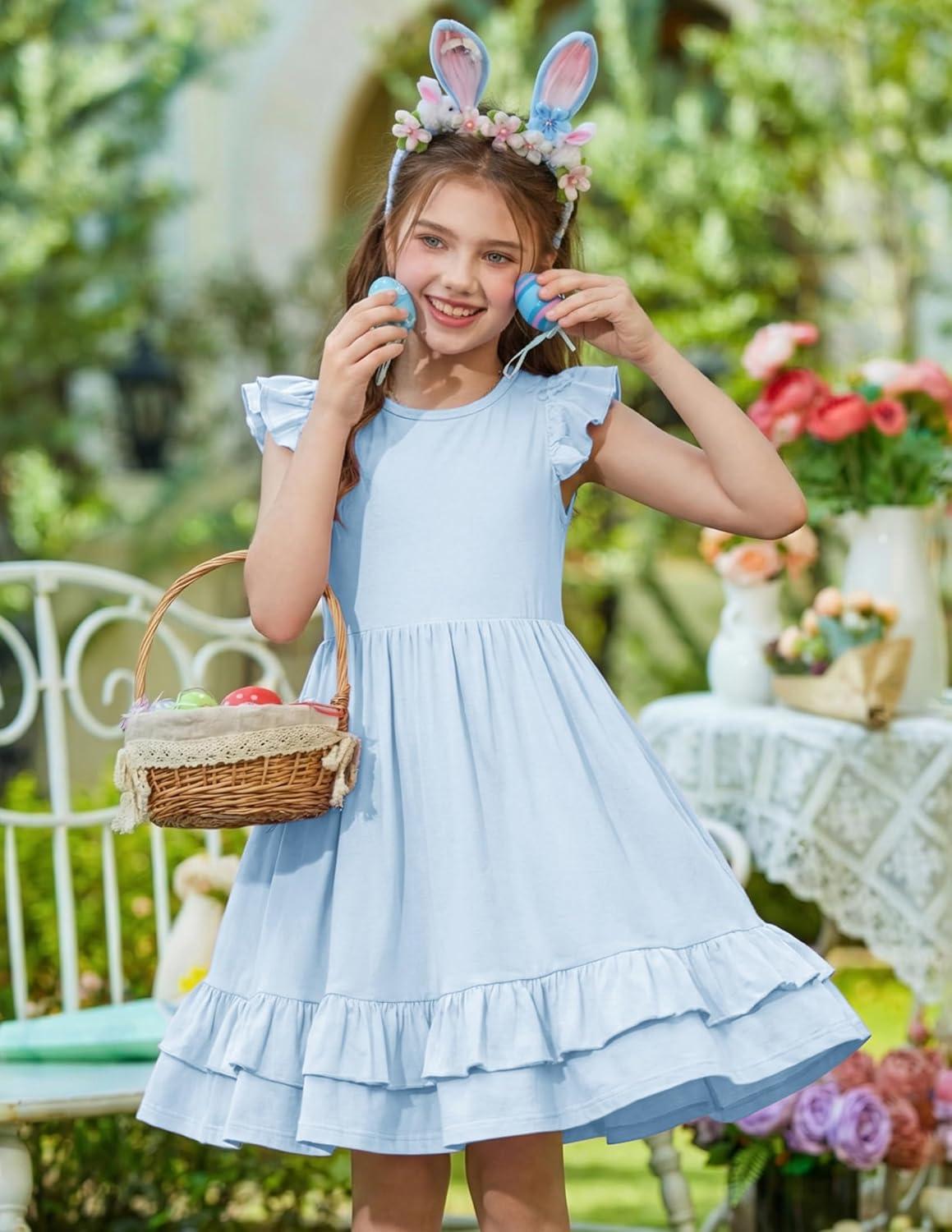 image:imageArshiner Girls Dress Tween Boho Flutter Sleeve Tiered A Line Summer Dresses with PocketsBlue