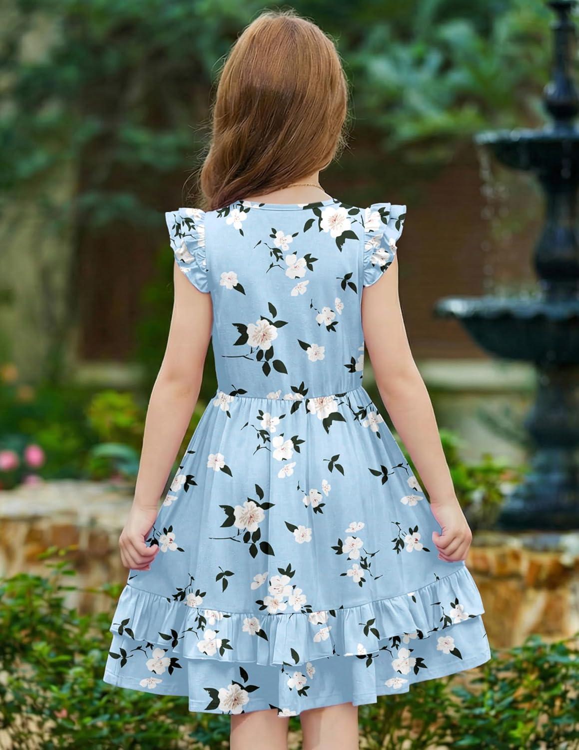image:imageArshiner Girls Dress Tween Boho Flutter Sleeve Tiered A Line Summer Dresses with PocketsBlue White Flower