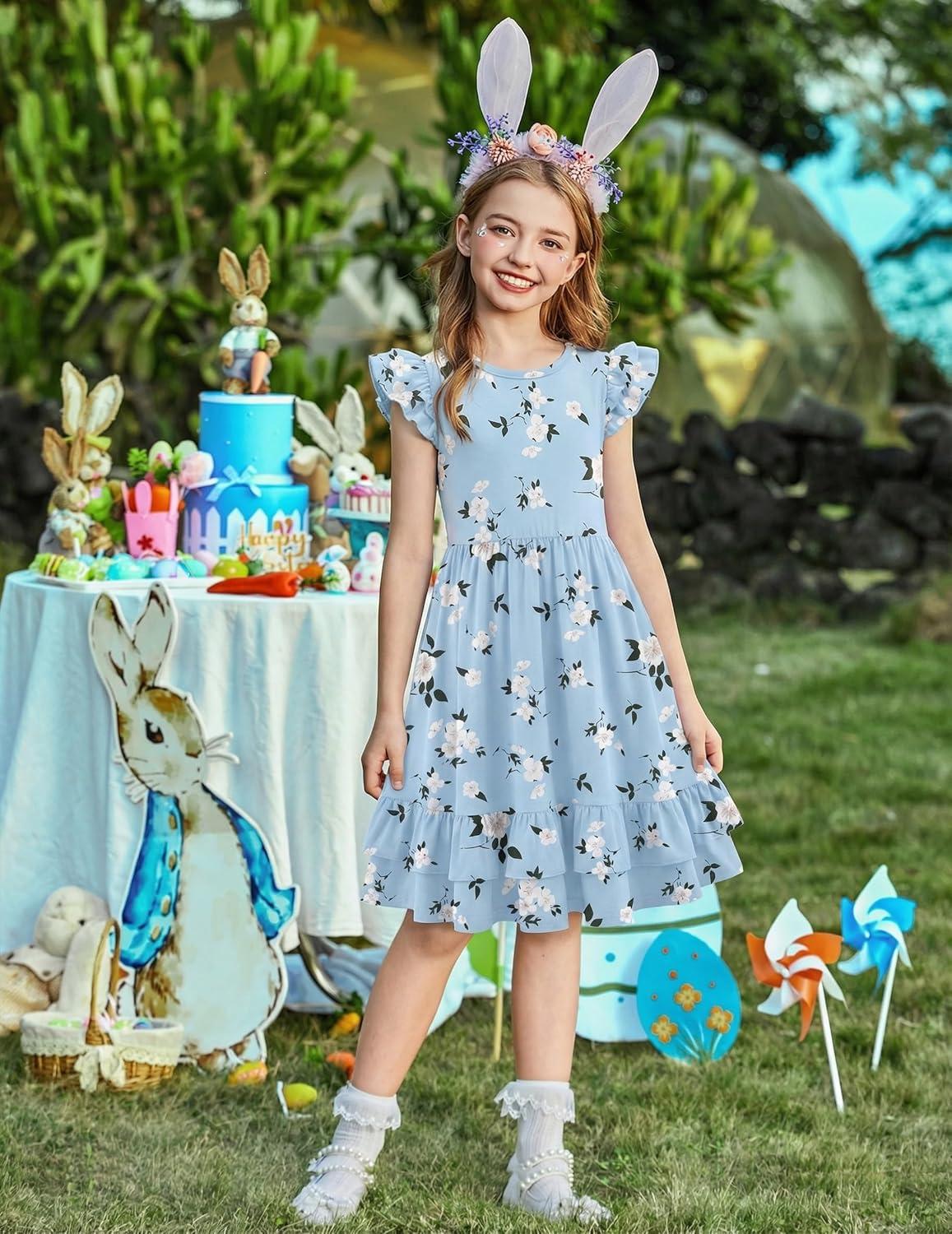 image:imageArshiner Girls Dress Tween Boho Flutter Sleeve Tiered A Line Summer Dresses with PocketsBlue White Flower