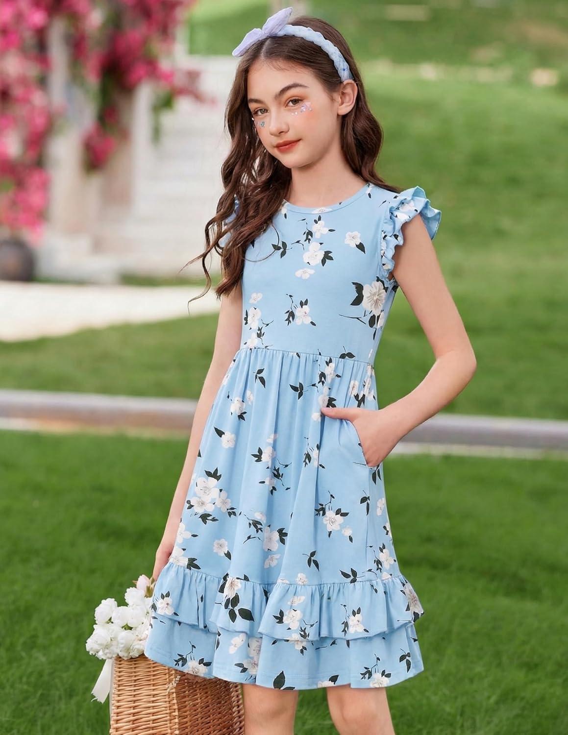 image:imageArshiner Girls Dress Tween Boho Flutter Sleeve Tiered A Line Summer Dresses with PocketsBlue White Flower