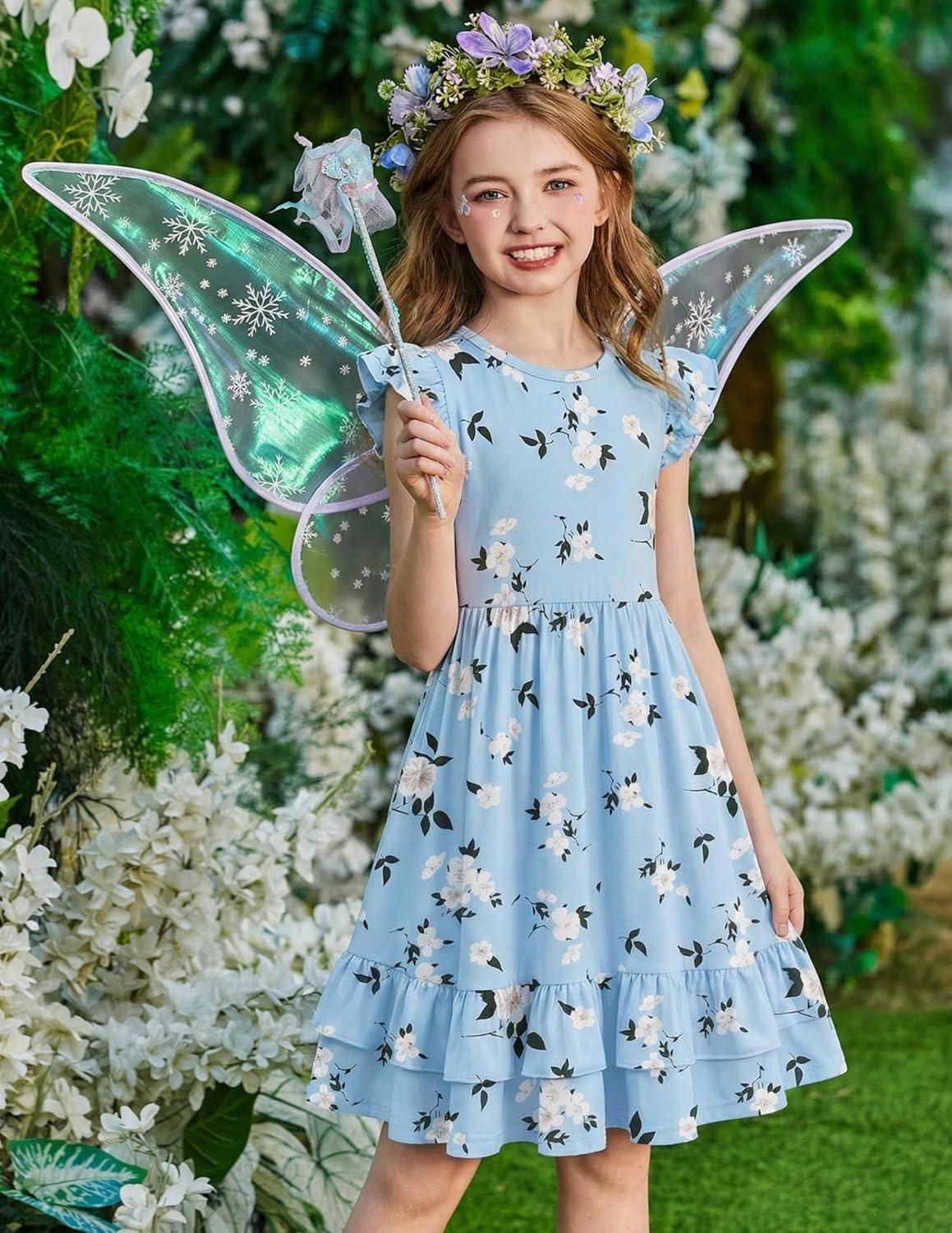 image:imageArshiner Girls Dress Tween Boho Flutter Sleeve Tiered A Line Summer Dresses with PocketsBlue White Flower