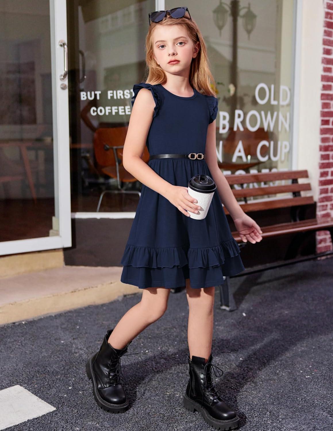 image:imageArshiner Girls Dress Tween Boho Flutter Sleeve Tiered A Line Summer Dresses with PocketsDark Blue