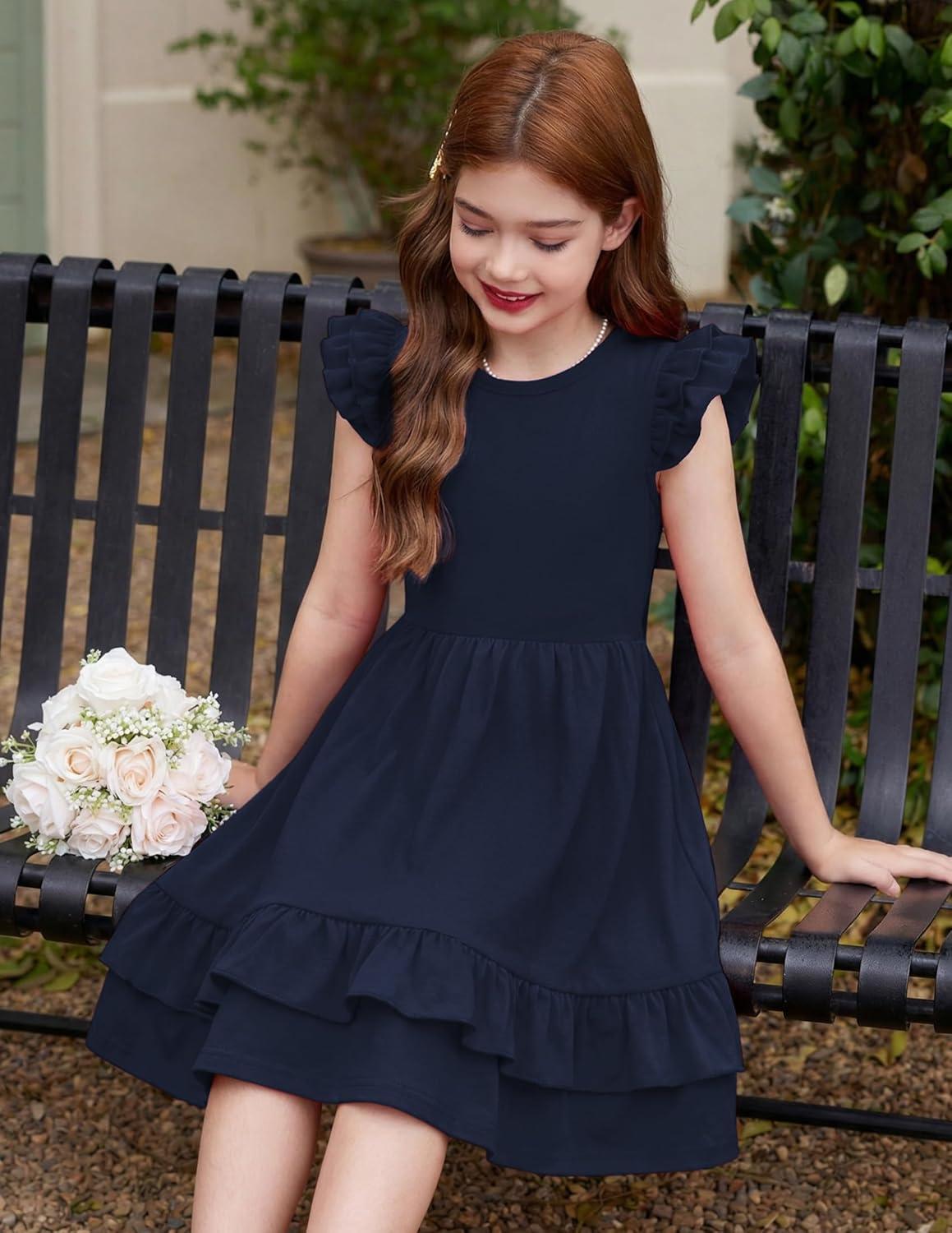 image:imageArshiner Girls Dress Tween Boho Flutter Sleeve Tiered A Line Summer Dresses with PocketsDark Blue
