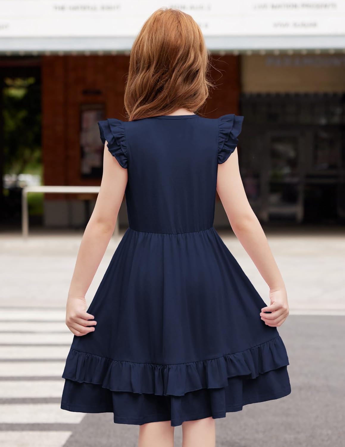 image:imageArshiner Girls Dress Tween Boho Flutter Sleeve Tiered A Line Summer Dresses with PocketsDark Blue