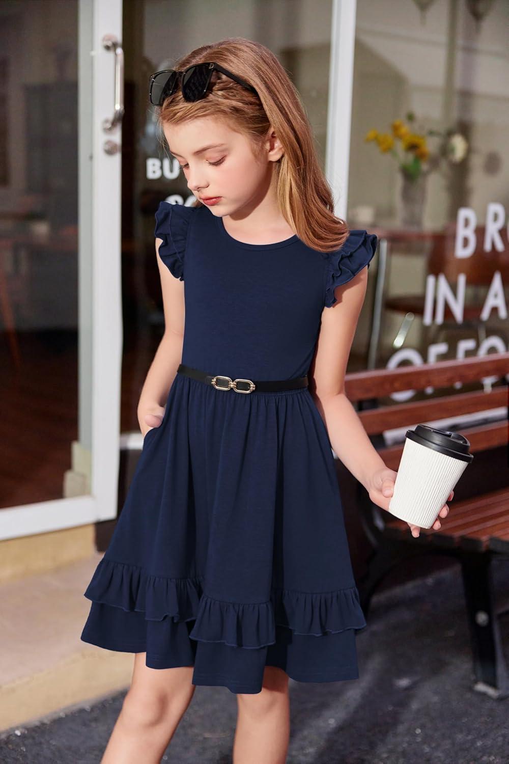 image:imageArshiner Girls Dress Tween Boho Flutter Sleeve Tiered A Line Summer Dresses with PocketsDark Blue