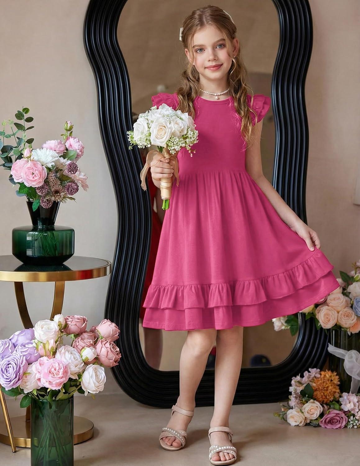 image:imageArshiner Girls Dress Tween Boho Flutter Sleeve Tiered A Line Summer Dresses with PocketsHot Pink