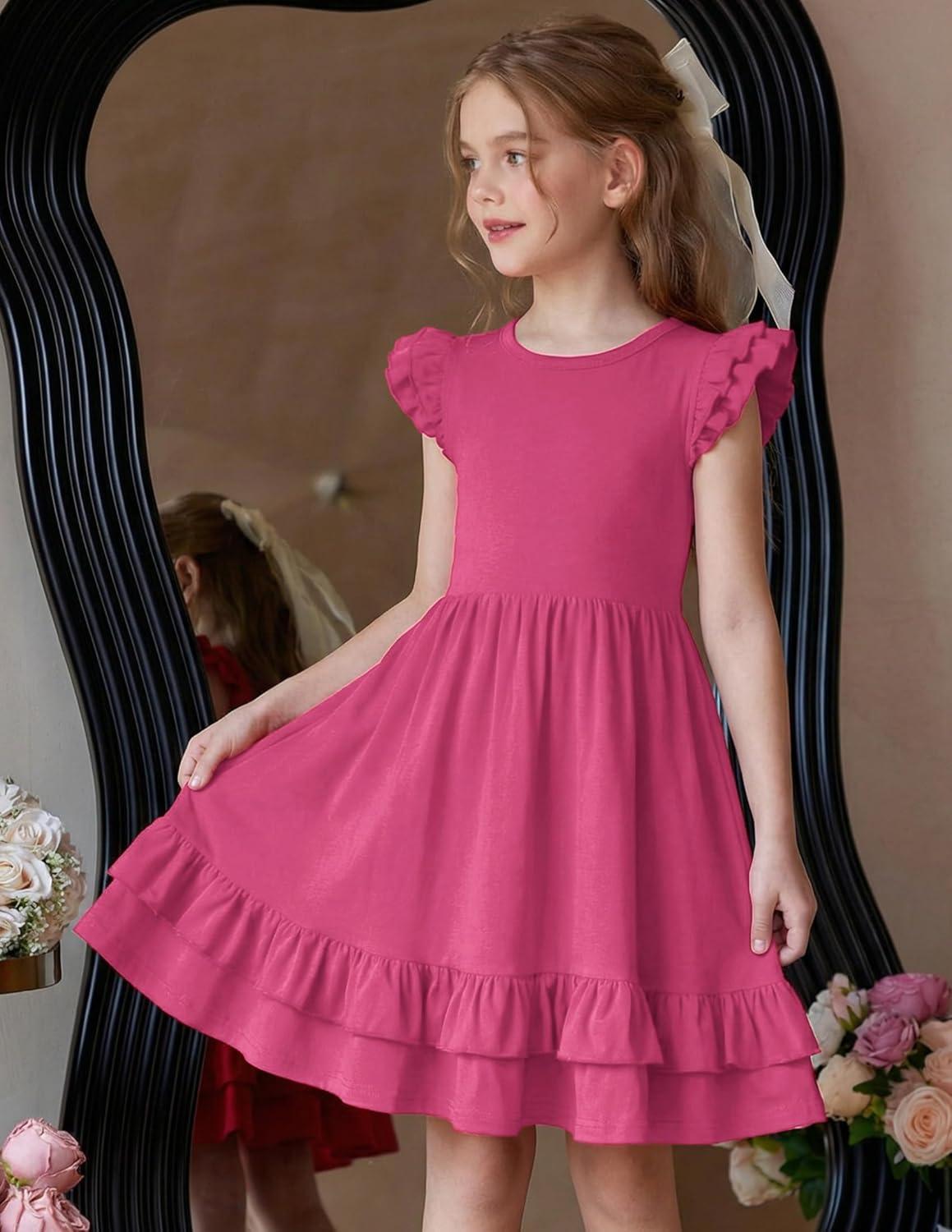 image:imageArshiner Girls Dress Tween Boho Flutter Sleeve Tiered A Line Summer Dresses with PocketsHot Pink
