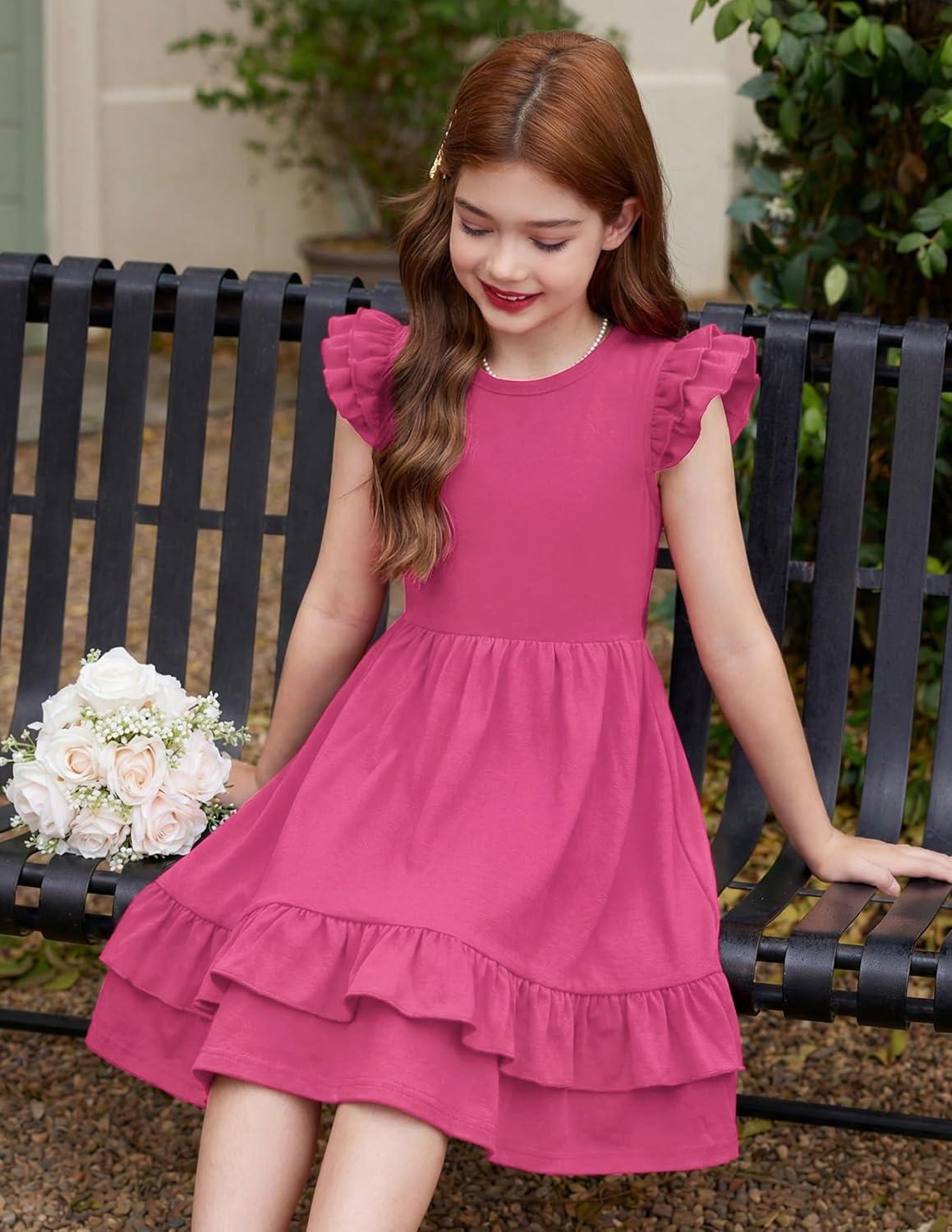 image:imageArshiner Girls Dress Tween Boho Flutter Sleeve Tiered A Line Summer Dresses with PocketsHot Pink