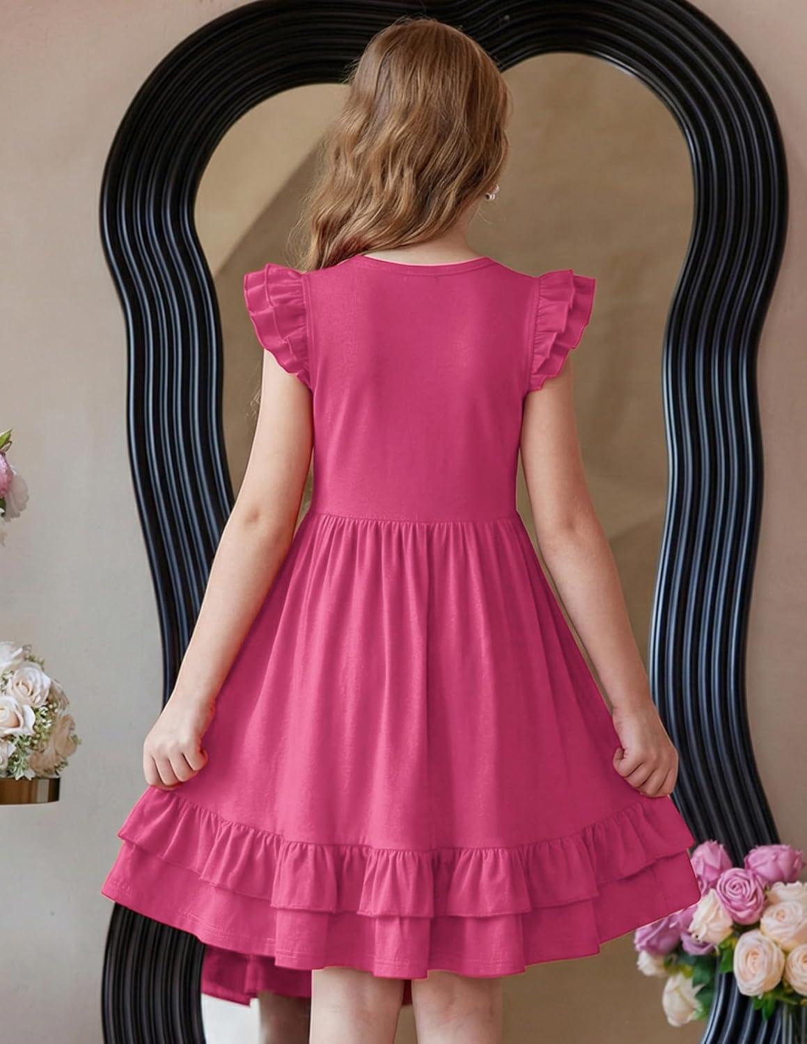 image:imageArshiner Girls Dress Tween Boho Flutter Sleeve Tiered A Line Summer Dresses with PocketsHot Pink