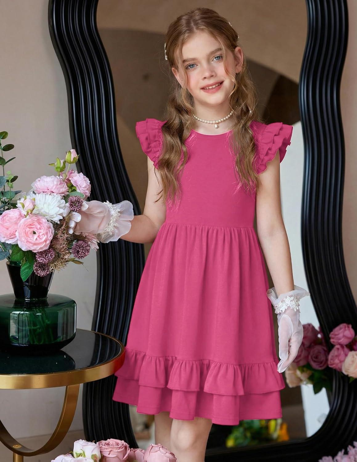 image:imageArshiner Girls Dress Tween Boho Flutter Sleeve Tiered A Line Summer Dresses with PocketsHot Pink