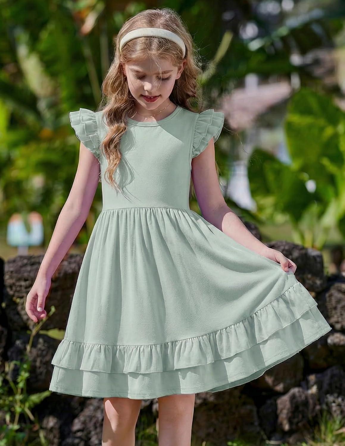 image:imageArshiner Girls Dress Tween Boho Flutter Sleeve Tiered A Line Summer Dresses with PocketsLight Green